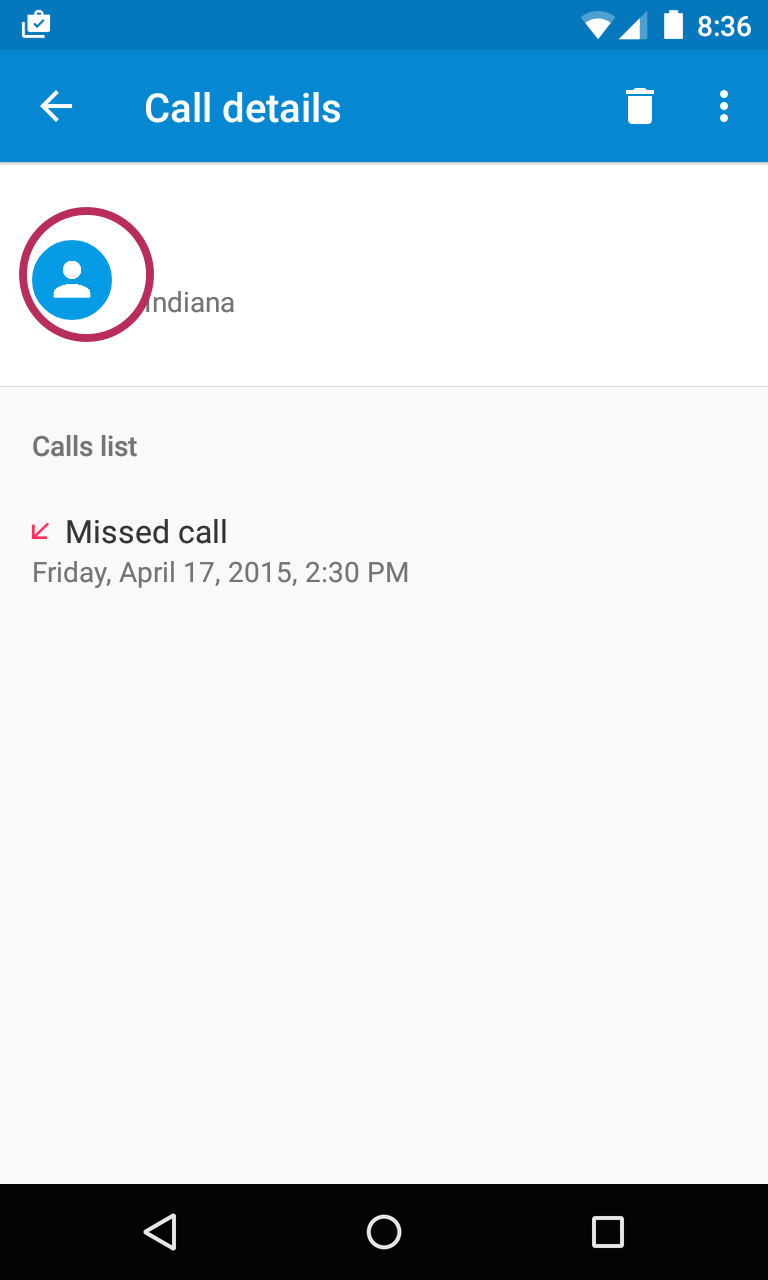 Call details screen showing missed calls